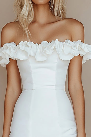 Bodycon Vit Off The Shoulder Satin Kort Examen Klänning